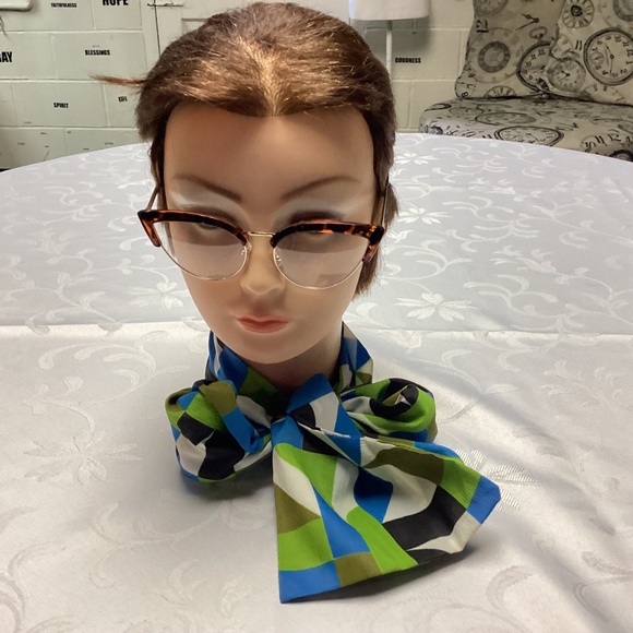 Geometric Patterned Scarf - Blue, Green, Black - Picture 2 of 6